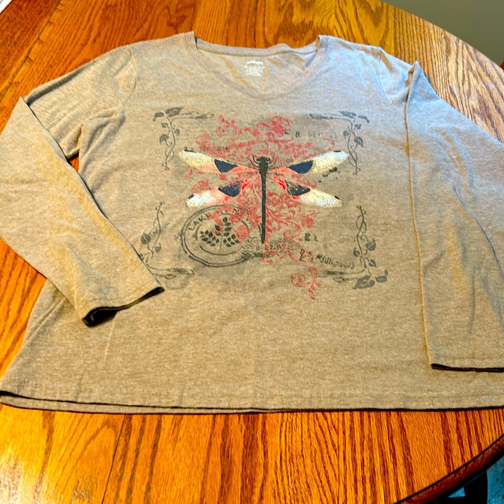 Long sleeve top. Size L. Brown with dragon fly print.